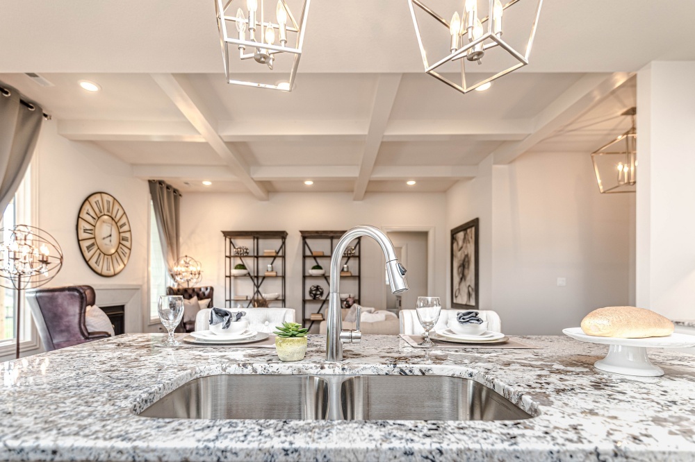 luxury home and kitchen with sink. kitchen has a grey quartz worktop